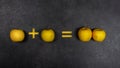 Formula 1 plus 1 equals 2 of yellow apples on a black background