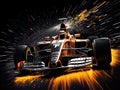 a formula race car with sparks on a black background. ai generated
