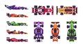Formula race cars. Cartoon fast automobiles. Top and side view of colorful vehicles for sport championships. Toys for boys, auto