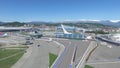 The formula 1 track in Sochi, the Olympic village in Sochi. Building site of stadium for racing near town and mountains