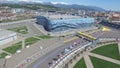 The formula 1 track in Sochi, the Olympic village in Sochi. Building site of stadium for racing near town and mountains