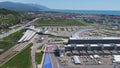 The formula 1 track in Sochi, the Olympic village in Sochi. Building site of stadium for racing near town and mountains