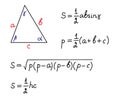 Formulas area of a triangle Education, getting classes, school program Higher mathematics. Handwritten math text. Isolated