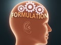 Formulation inside human mind - pictured as word Formulation inside a head with cogwheels to symbolize that Formulation is what