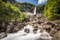 Foroglio waterfall with Swiss Alps in canton Ticino, Bavona valley, Switzerland, Europe