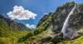 Foroglio waterfall with Swiss Alps in cantonTicino, Bavona valley, Switzerland, Europe