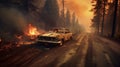 Forrest fire with abandoned car Wildfire, climate change