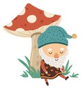 Forset gnome sit under mushroom. Garden elf character