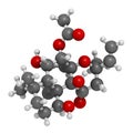 Forskolin coleonol molecule. Activates the enzyme adenylyl cyclase, resulting in increased levels of cAMP. 3D rendering. Atoms.