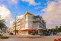 Forster NSW Australia - 13 April 2022: Street view with The Marina Apartments at the corner of Beach and Little street and