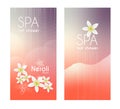 Branding promotion advertising spa, beauty treatment or aromatherapy template with white neroli orange flowers, shower waterflow a