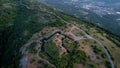 Fort Gorazda on top of a mountain overlooking a green valley. Montenegro. Drone