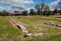 Foundations of the Infantry Barracks, Guardhouse in the Distance, Fort Laramie National Historic Site in Eastern Wyoming. Royalty Free Stock Photo