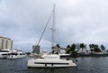 Fort Lauderdale, Florida, U.S.A - December 28, 2019 - A white yacht sailing on the canal