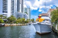 Fort Lauderdale riverwalk and yachts view, south Florida