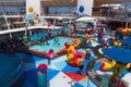 FORT LAUDERDALE, USA - APRIL 29, 2018: The upper deck with children`s swimming pools at cruise liner or ship Oasis of Royalty Free Stock Photo