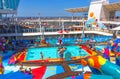 Fort Lauderdale, USA - 30 April, 2018: The upper deck with children`s swimming pools at cruise liner or ship Oasis of Royalty Free Stock Photo