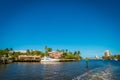FORT LAUDERDALE, USA - JULY 11, 2017: Beautiful view of new river with riverwalk promenade, with condominium buildings Royalty Free Stock Photo