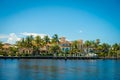 FORT LAUDERDALE, USA - JULY 11, 2017: Beautiful view of new river with riverwalk promenade highrise condominium Royalty Free Stock Photo