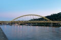 Fort Pitt Bridge And Monongahela River In Pittsburgh In Pennsylvania. Sunset Sky And Light