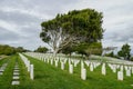 Fort Rosecrans National Cemetery with gravestones in rows during cloudy day