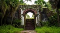 Fort tower entrance obscured by overgrowth