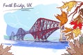 Forth Bridge painted sketch in autumn leaf frame