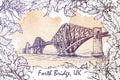 Forth Bridge painted sketch in autumn leaf frame