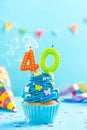 Fortieth 40th birthday cupcake with candle blow out.Card mockup. Royalty Free Stock Photo