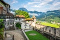 Fortification and entrance of the medieval village of Gruyeres in La Gruyere Switzerland Royalty Free Stock Photo