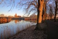 The fortifications and moats of the city of Naarden, Netherlands, with the Grote Kerk church in the background.