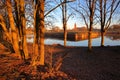 The fortifications and moats of the city of Naarden, Netherlands, with the Grote Kerk church in the background