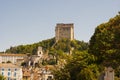 The fortified tower that dominates the skyline at Pont De Barret in the Drome Valley in the South of France Royalty Free Stock Photo