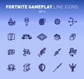 Fortnite epic game play outline icons. Vector illustration of combat military facilities. Linear flat design on blue