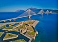 Fortress and bridge of Rio Antirio, Patra, Greece. Aerial drone bird`s eye view photo. Royalty Free Stock Photo