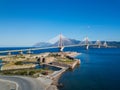 Fortress and bridge of Rio Antirio, Patra, Greece. Aerial drone bird`s eye view photo. Royalty Free Stock Photo