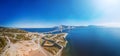 Fortress and bridge of Rio Antirio, Patra, Greece. Aerial drone bird`s eye view photo. Royalty Free Stock Photo