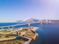 Fortress and bridge of Rio Antirio, Patra, Greece. Aerial drone bird`s eye view photo. Royalty Free Stock Photo