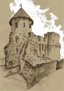 Fortress in Cesis, Latvia. Grisaille, monochrome, sepia, sketch Royalty Free Stock Photo