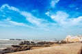 The fortress of the city of Essaouira on the rocky shore of the Atlantic Ocean in Morocco. Royalty Free Stock Photo