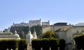 The fortress from the Mirabell Gardens and the Schloss Mirabell in the centre of Salzburg in Austria