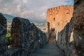 Fortress ruins of the historical Red Tower - Kizil Kule, in Alanya Castle. Royalty Free Stock Photo