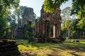 A fortress with towering walls and lush greenery under the sun