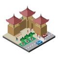 Fortress wall, benches, trees, roadway, cars and people. Cityscape in isometric view