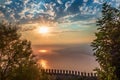 Fortress wall on mountain view of sunset on sea Royalty Free Stock Photo