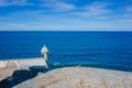 Fortress wall and sentry box over blue sea in Old San Juan, Puerto Rico Royalty Free Stock Photo