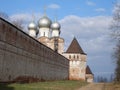 Fortress wall with towers, Church of St. Sergius of Radonezh, South Gate, Boris and Gleb Monastery, Borisoglebsk, Rostov district, Royalty Free Stock Photo