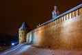 Fortress wall with towers in Veliky Novgorod.