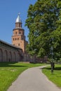 Fortress wall and watchtower of the Novgorod Kremlin Royalty Free Stock Photo