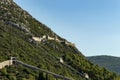 Fortress walls in Ston, called `Croatian Great Wall`. Ston is a settlement and a municipality in the Dubrovnik-Neretva County of Royalty Free Stock Photo